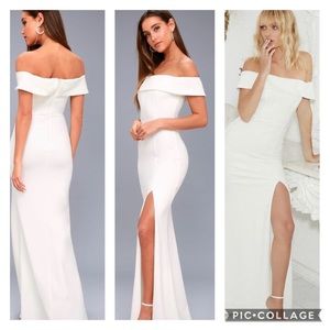 Lulu’s Aveline white off the shoulder maxi dress